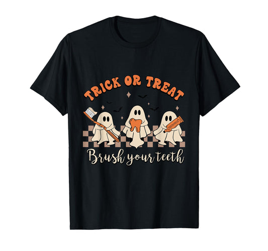 Trick Or Treat Brush Your Teeth Retro Halloween Cute Dentist T-Shirt