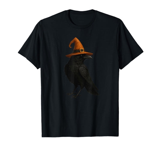Cute Raven Crow with Witch Hat Spooky Halloween Bird Design T-Shirt