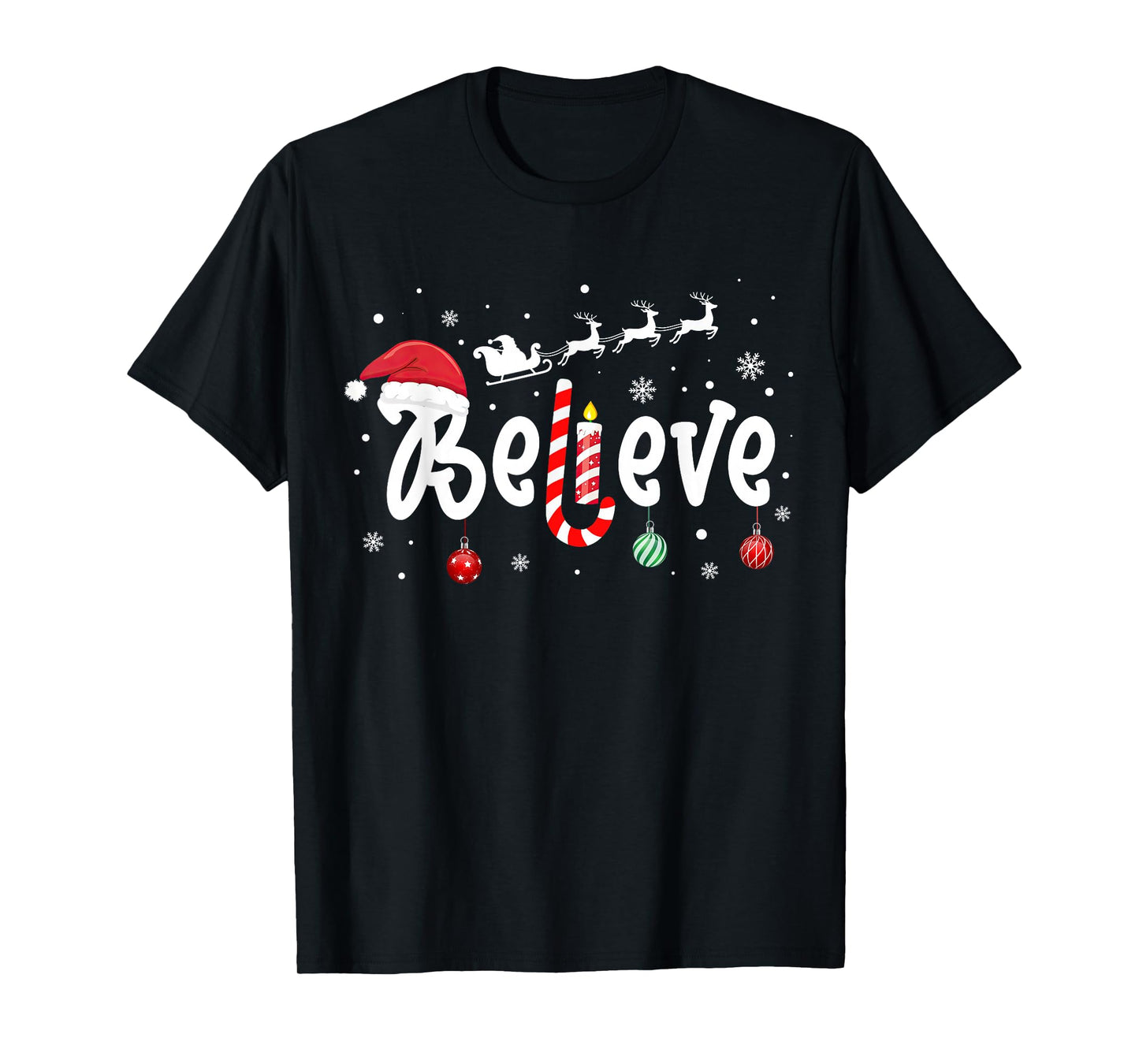 Believe in Santa Christmas Reindeer Candy Cane Xmas Holiday T-Shirt