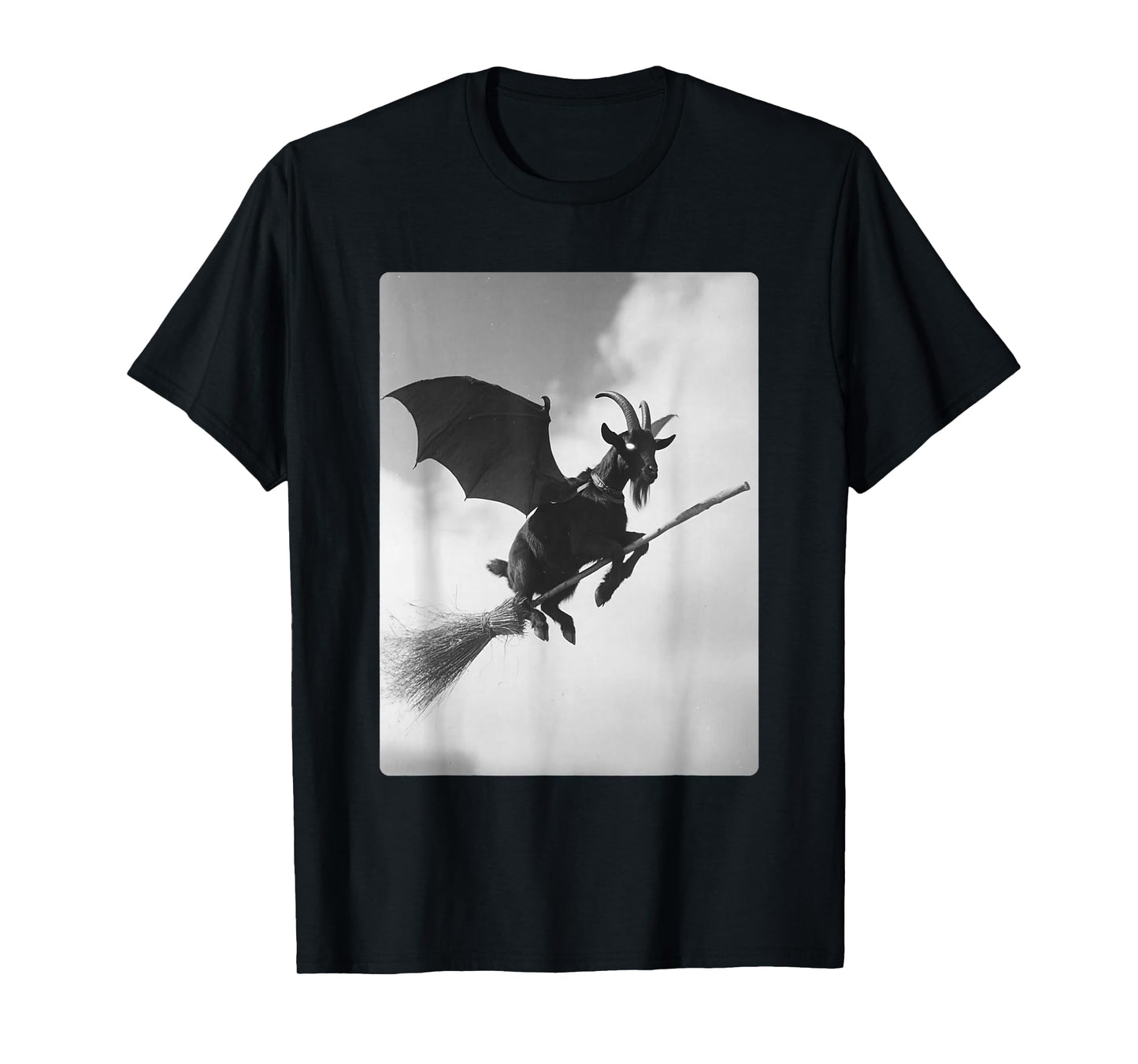 Gothic Goat Flying Witch Broom Bat Wings Spooky Halloween T-Shirt