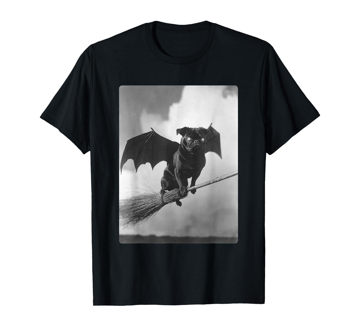 Gothic Pug with Bat Wings Witch Broom Spooky Halloween Dog T-Shirt