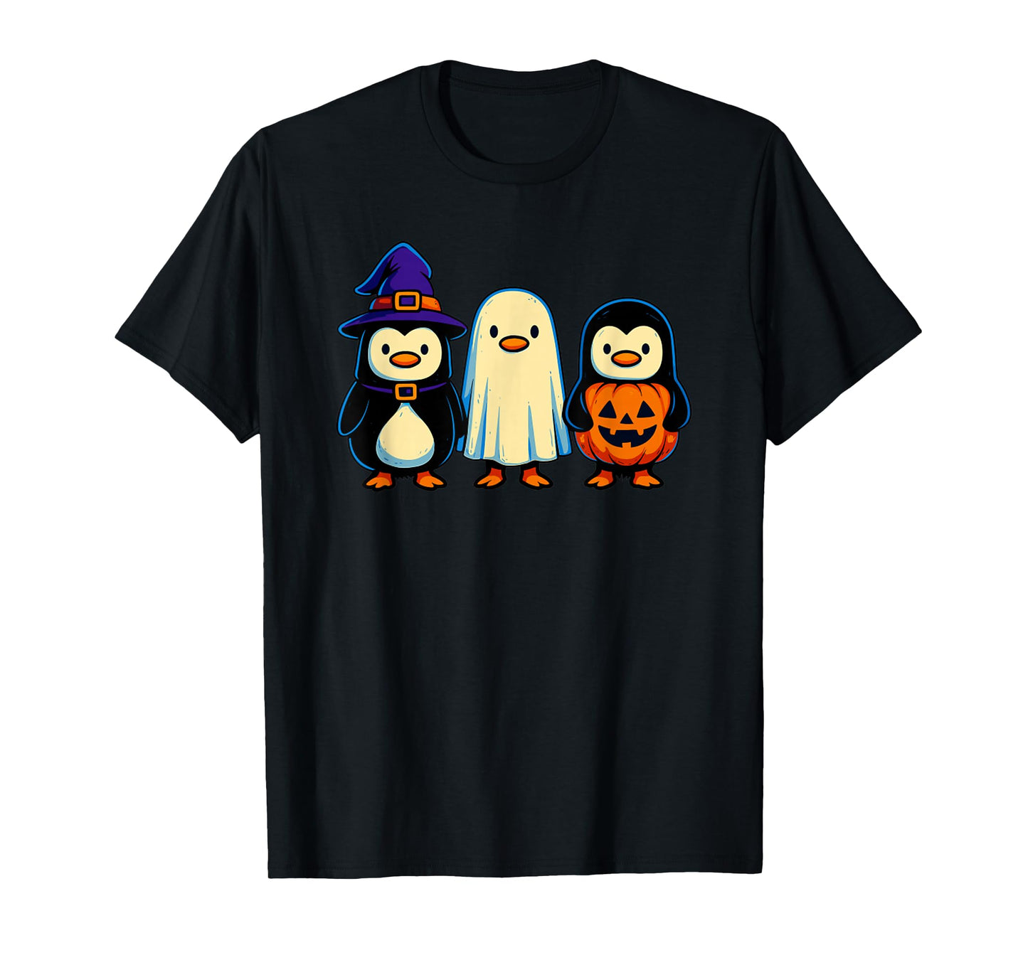 Funny Penguin Witch Ghost Pumpkin Funny Halloween T-Shirt