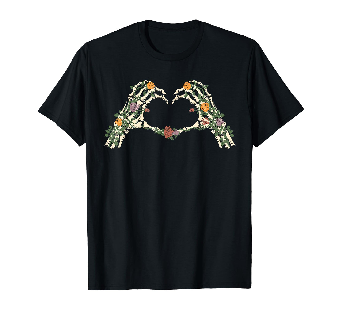 Skeleton Hands Heart Floral Sign Retro Halloween Women Girl T-Shirt