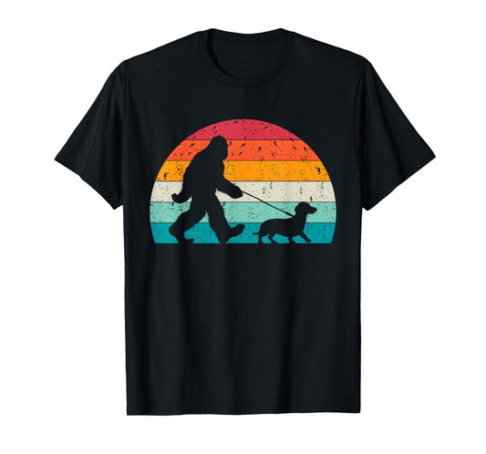 Retro Sasquatch Lover Doxie Wiener Dog Walker Bigfoot Walking a Dog Funny Dachshund Weiner Dog Dad Weenie T-Shirt, Small, Black