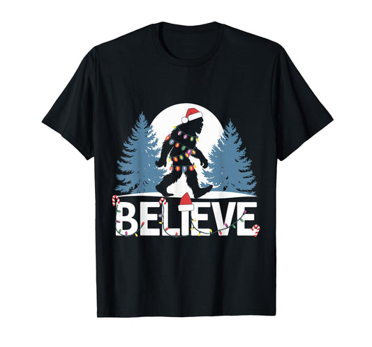 Santa Bigfoot Christmas Lights Funny Sasquatch Believe Xmas T-Shirt