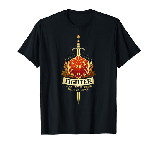 Gamer Class Fighter RPG TRPG Fantasy Gaming T-Shirt - Black, Men's Small, Classic Fit, Short Sleeve