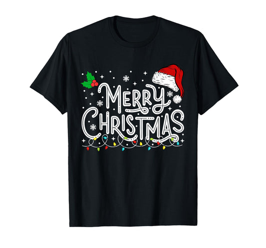 Merry Christmas Lights Red Santa Hat Xmas Family Men Women T-Shirt