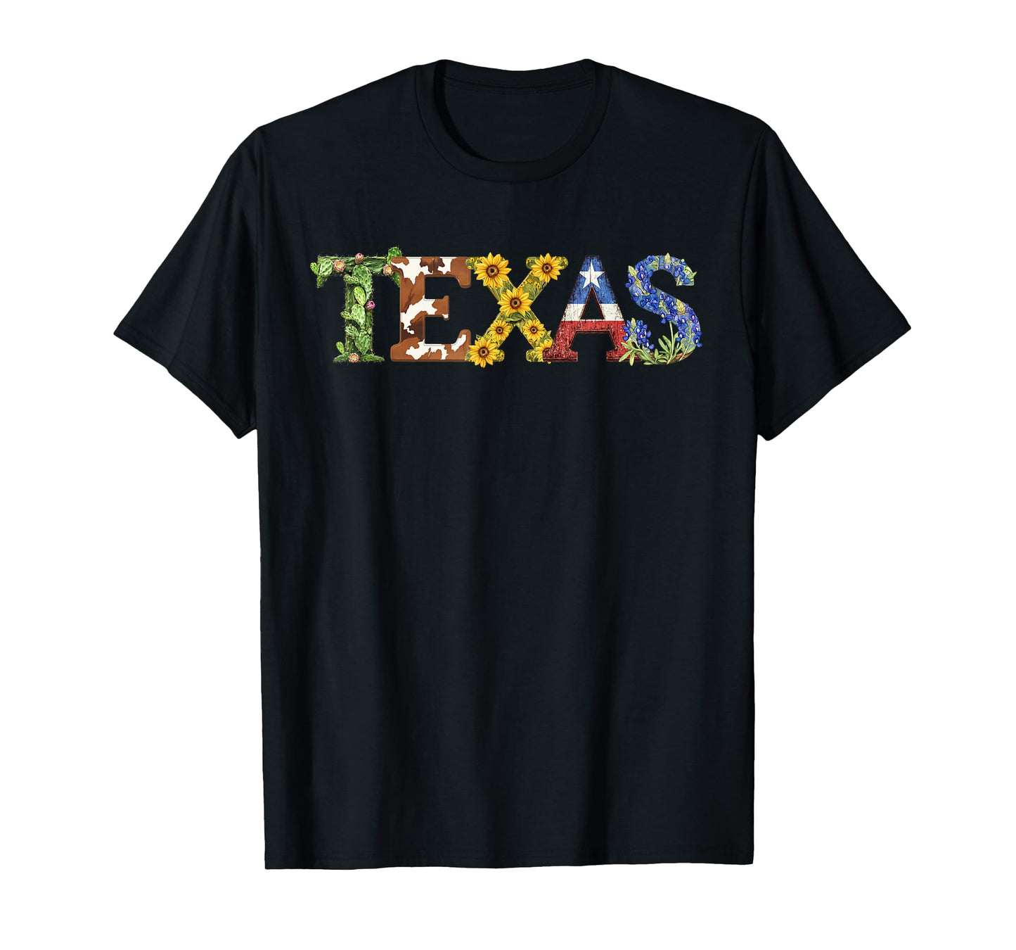 Texas-Themed Letters with Cactus, Sunflowers, & Bluebonnets T-Shirt