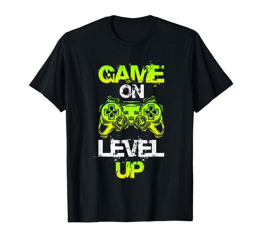 Gaming Apparel GAME ON LEVEL UP Gaming T-Shirt - Unisex-Adults, Unisex-Kids - Black - Small - Short Sleeve - T-Shirt