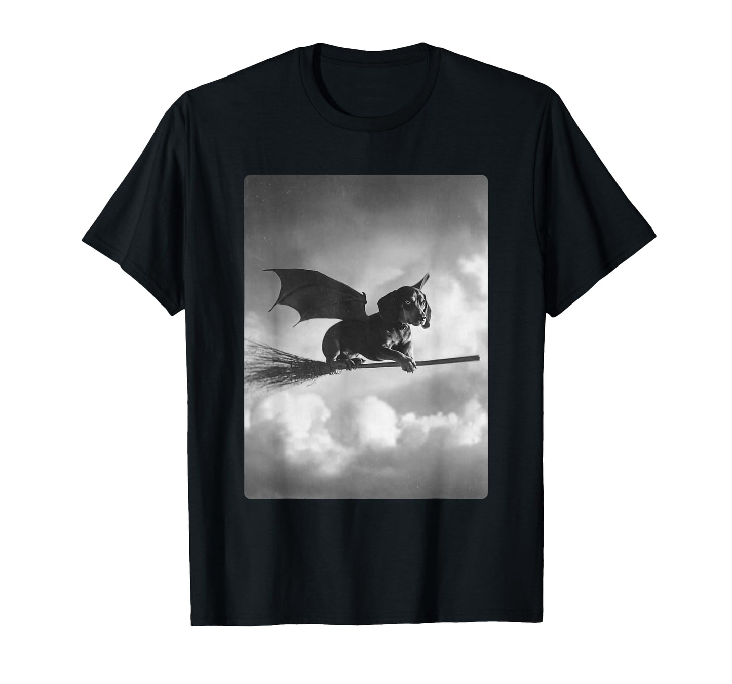 Gothic Beagle Flying Witch Broom Bat Wings Spooky Halloween T-Shirt