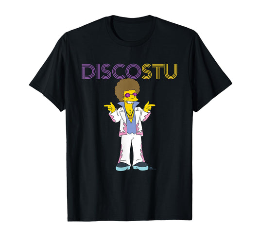 The Simpsons Disco Stu T-Shirt - Unisex-Adults & Kids - Black - Small - Short Sleeve - Crew Collar - Neon Name in Lights Design