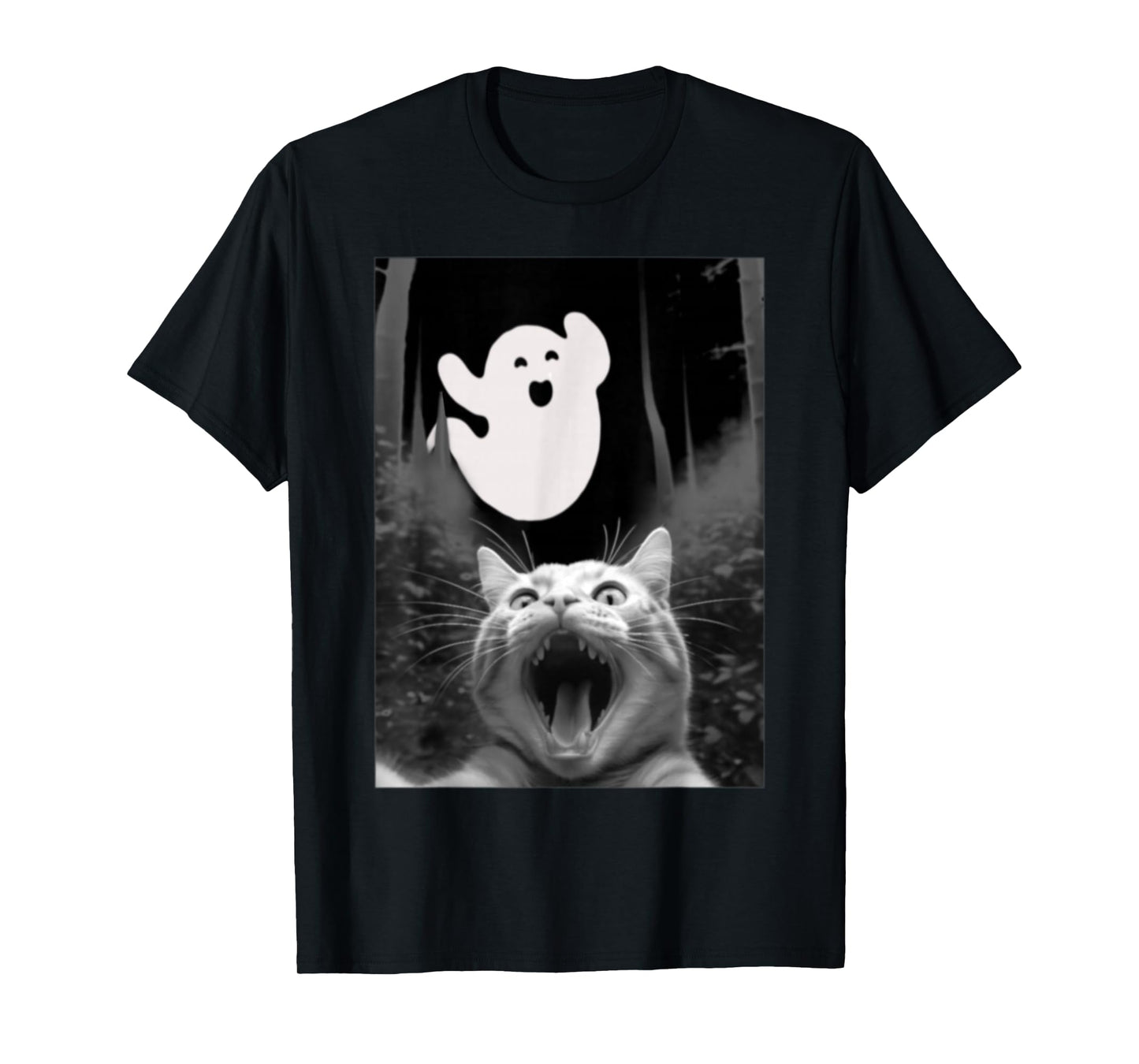 Surprised Cat Selfie with Cute Boo Halloween Men Women Kids T-Shirt