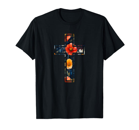 Elegant Silhouette Flowers Faith Floral Christian Cross T-Shirt