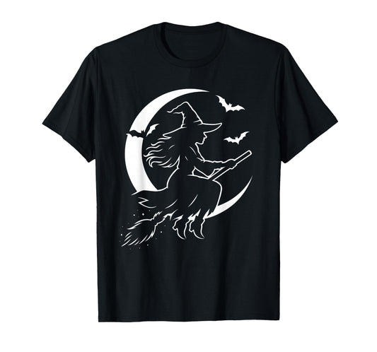 Halloween Witch on Broom Moon Silhouette Spooky Samhain Art T-Shirt