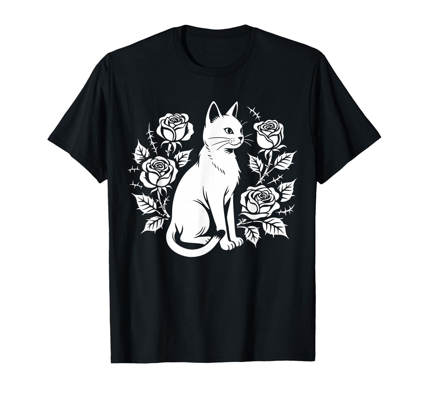 Elegant Cat with Roses Gothic Floral Mystical Vibe T-Shirt
