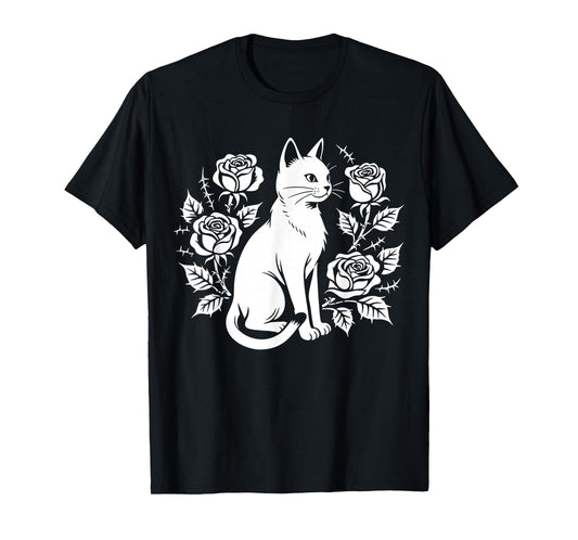Elegant Cat with Roses Gothic Floral Mystical Vibe T-Shirt
