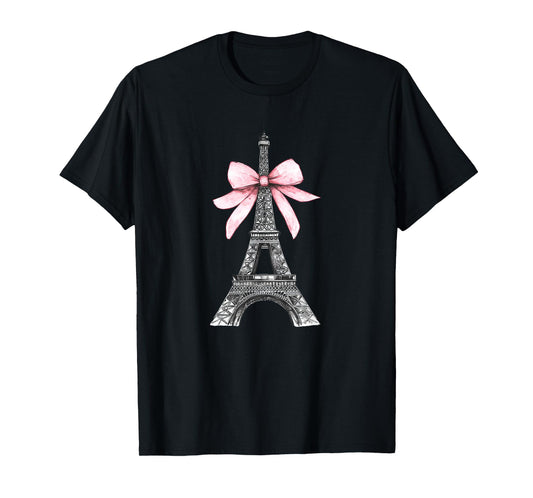 Romantic Paris Eiffel Tower with Pink Bow Vintage Art T-Shirt