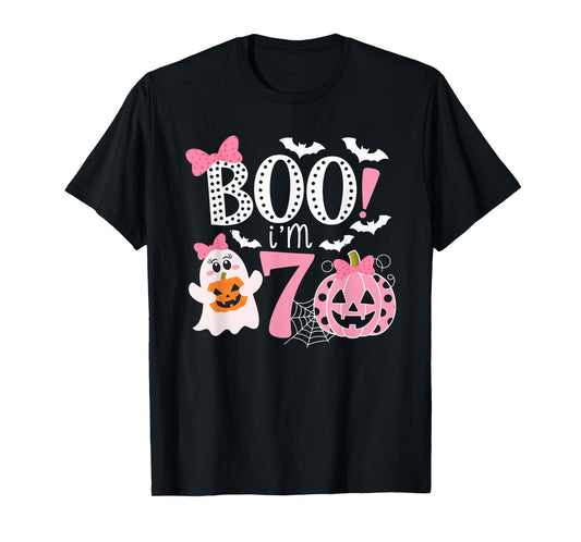 Boo I'm Seven Ghost Seventh 7th Birthday Halloween Girls T-Shirt