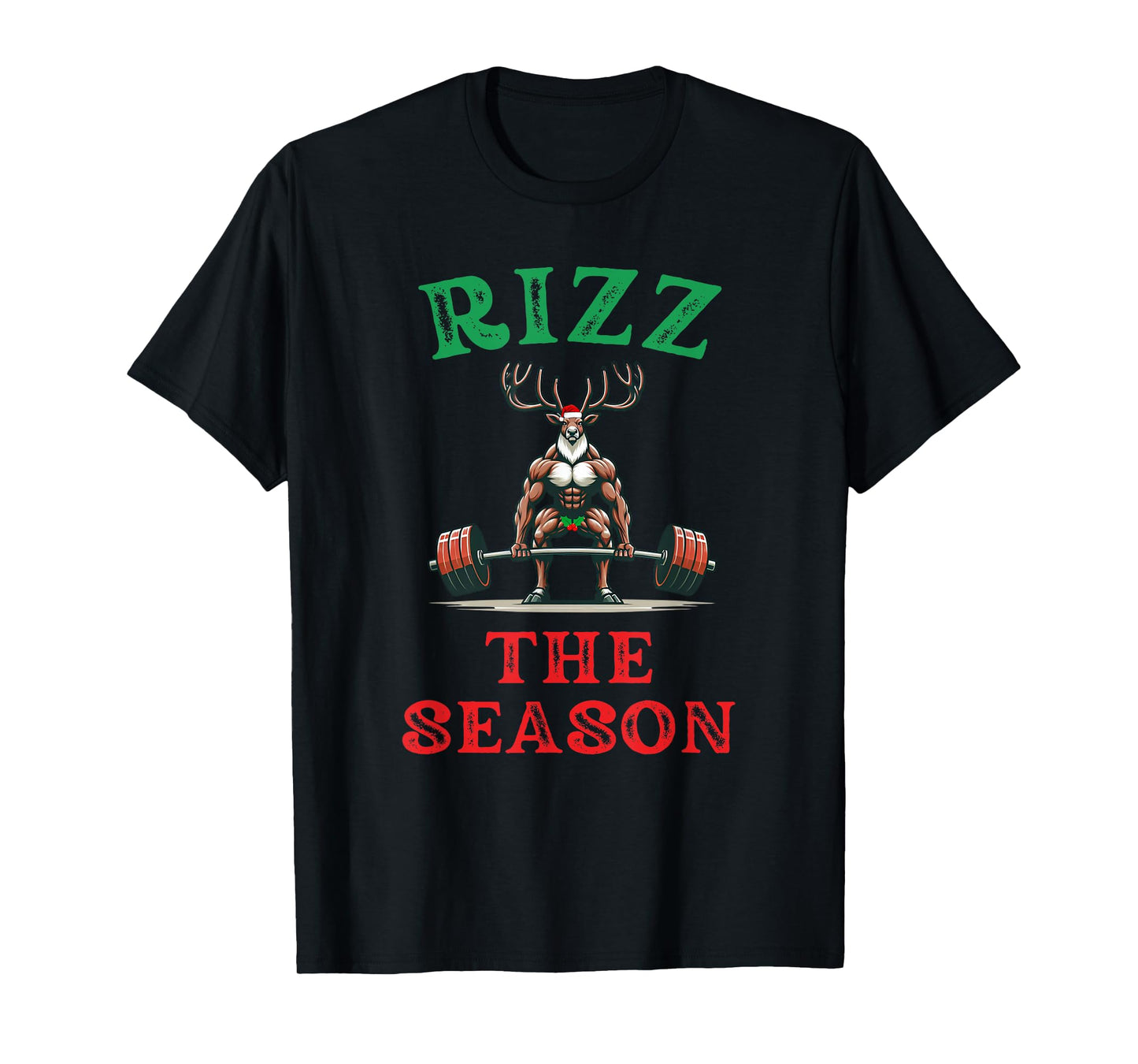 Merry Liftmas Apparel Co. Rizz the Season Funny Workout Reindeer Gym Saying Christmas T-Shirt