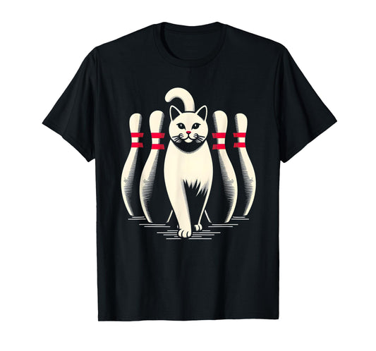 Funny Cat White Playing Bowling Retro Vintage Striking T-Shirt