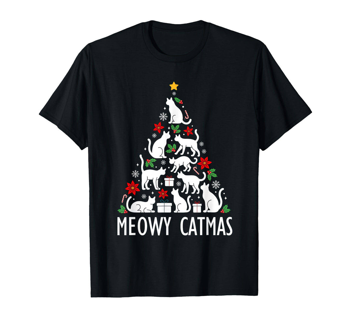 Meowy Catmas Christmas Tree Lights Santa Hat Xmas Cat Lovers T-Shirt