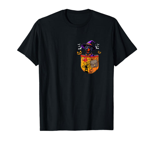 Dobermann As Witch in Pocket Halloween Dog Owner Family T-Shirt