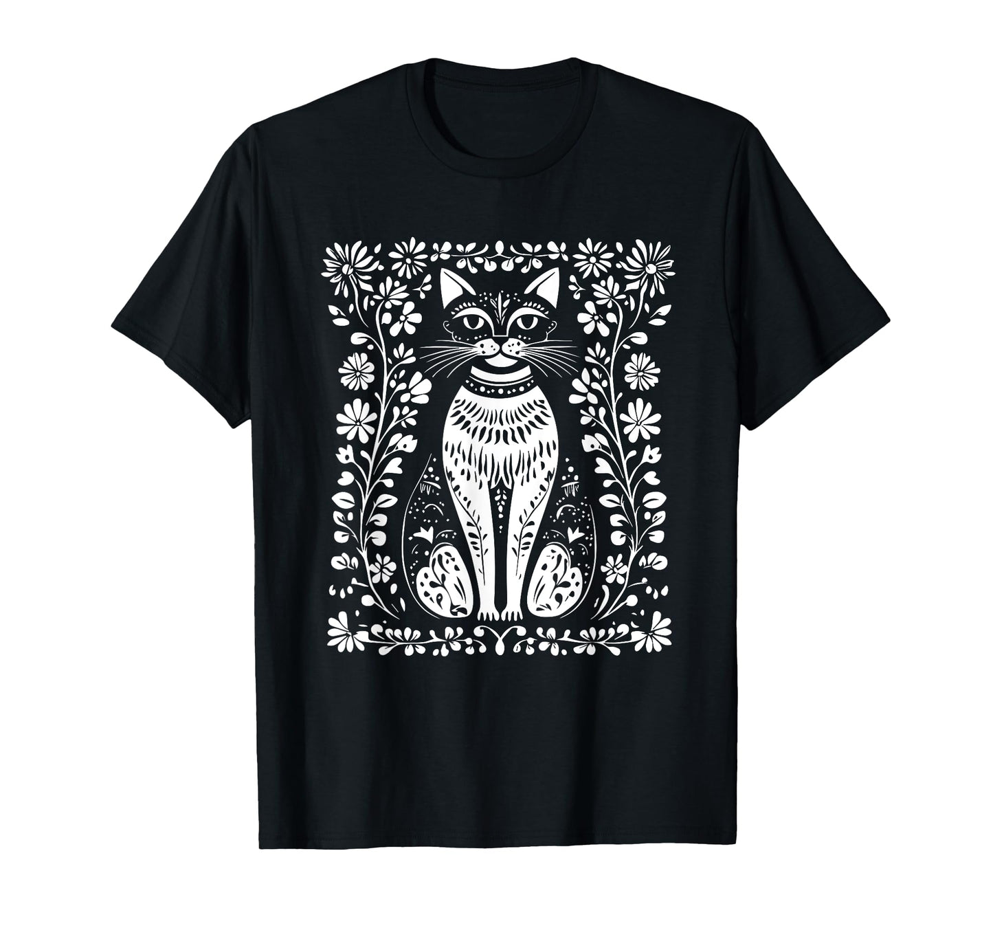 Cat Lovers Folk Art Cat Floral T-Shirt