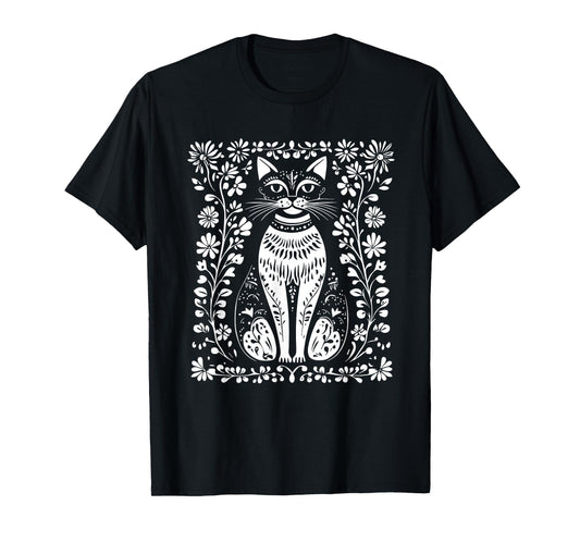 Cat Lovers Folk Art Cat Floral T-Shirt