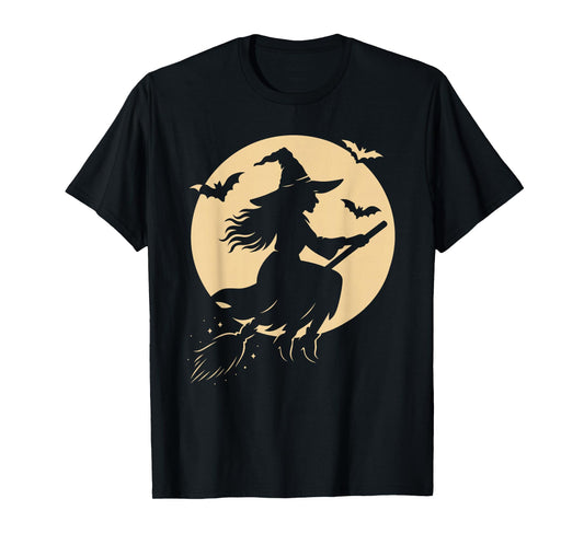 Halloween Witch on Broom Moon Silhouette Spooky Samhain Art T-Shirt