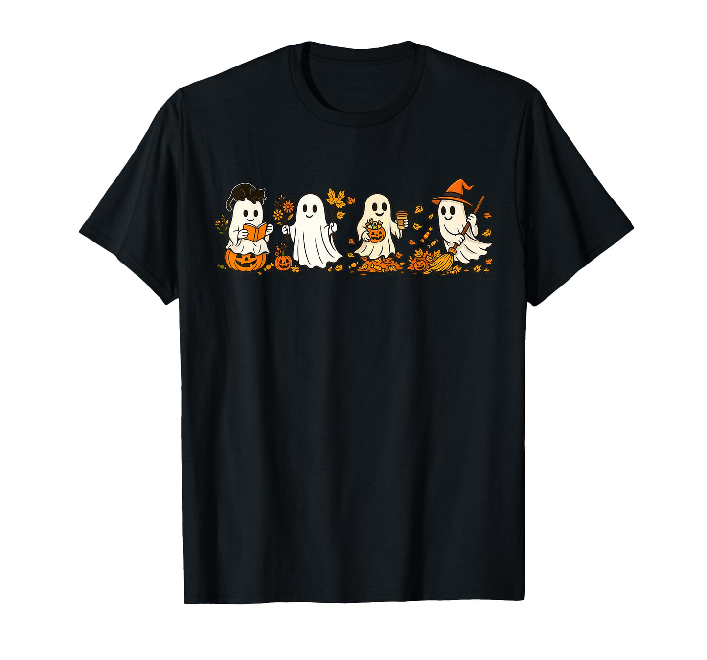 Cute Ghost Drinking Coffee Halloween Ghost Book Reading T-Shirt