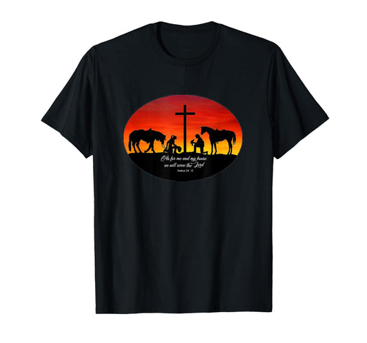 2 Cowhands praying at the Cross sunset. Christian Cowboy T-Shirt