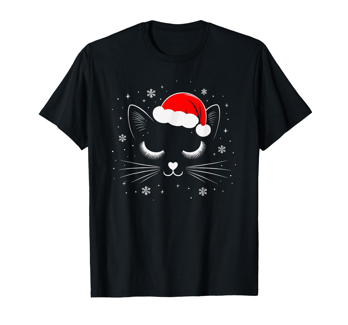 Cute Cat Face Christmas Santa Hat Xmas Women Girls T-Shirt