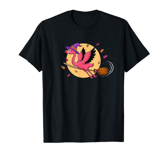 Funny Halloween Flamingo Witch Flying on Broom Costume T-Shirt