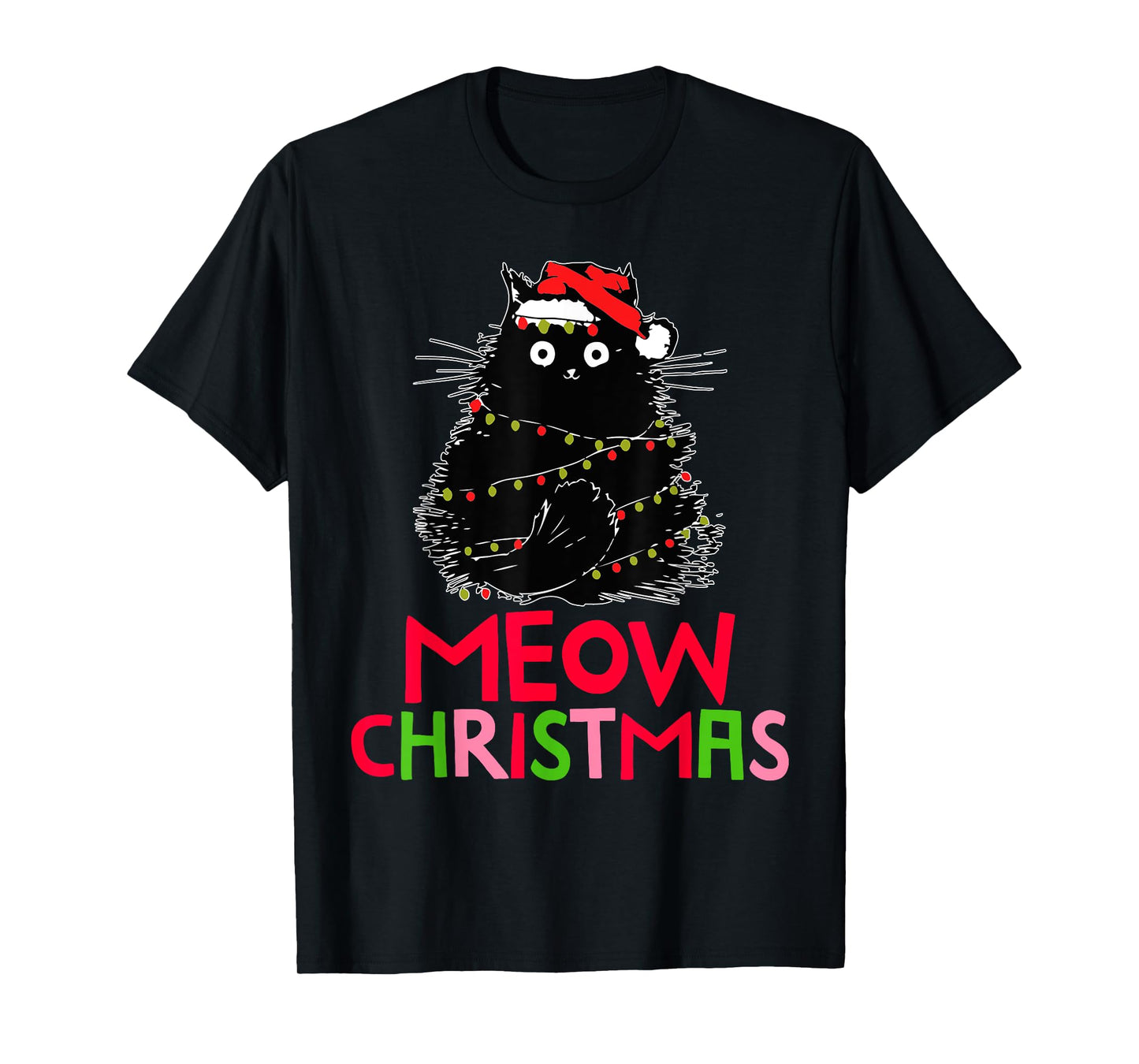 Funny Cute Black Cat Santa Christmas Lights Meow Women Men T-Shirt