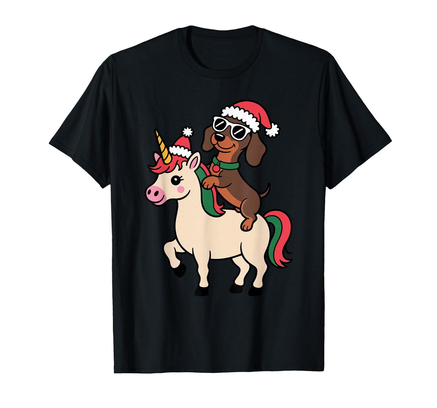 Christmas Dachshund Riding Unicorn Santa hat T-Shirt