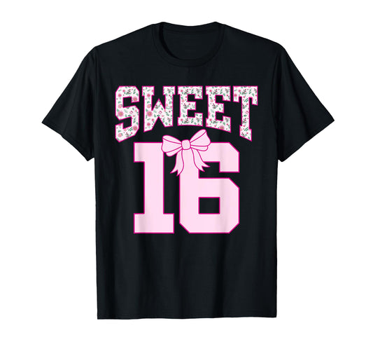 Sweet 16 Coquette Bow Groovy Pink Floral 16th Birthday T-Shirt