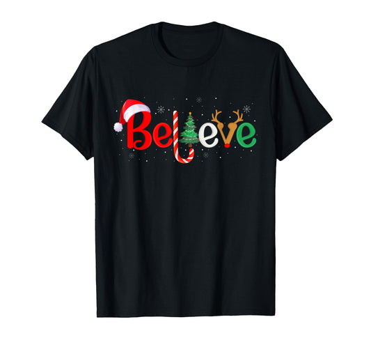 Believe Xmas Family Matching Funny Reindeer Santa Christmas T-Shirt