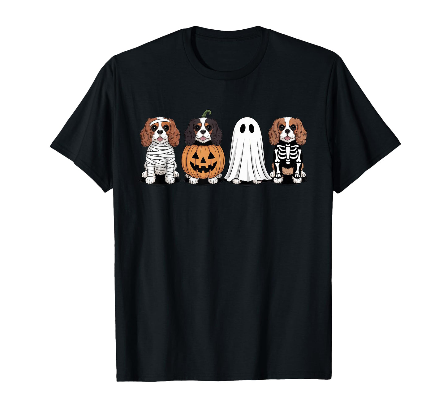 Spooky Ghost Cavalier Dog Pumpkin Halloween Skeleton T-Shirt