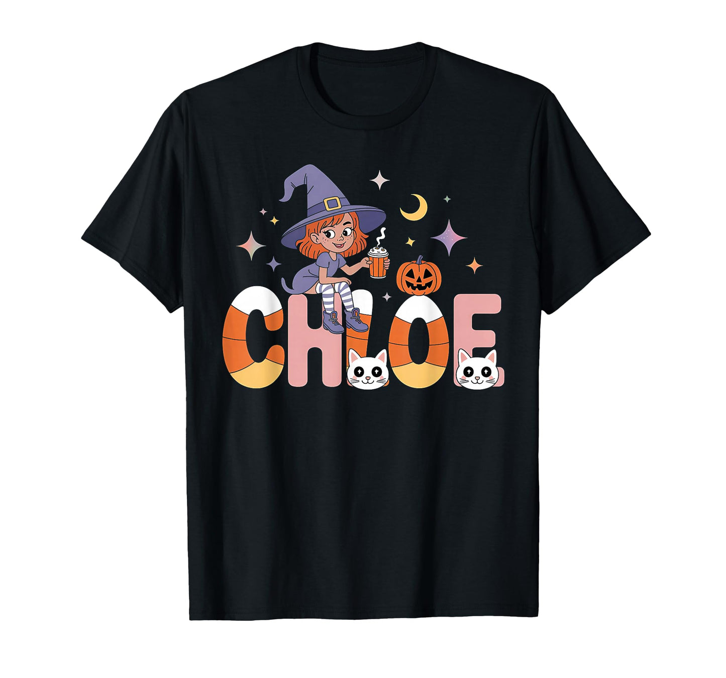 Chloe Witch Candy Corn Cat Halloween Women and Girls T-Shirt