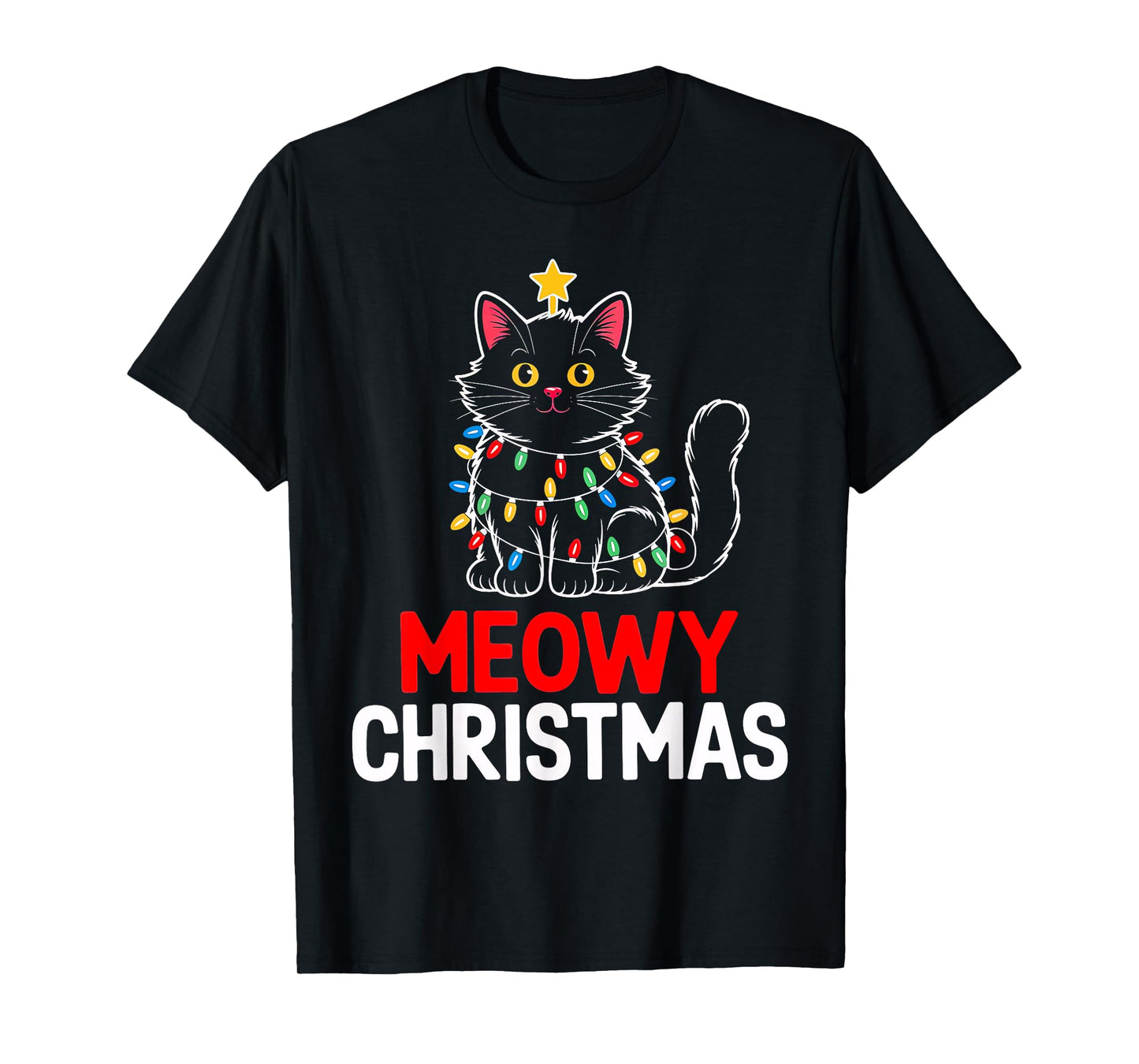 Meowy Christmas Light Black Cat Santa Hat Funny Xmas Pajamas T-Shirt