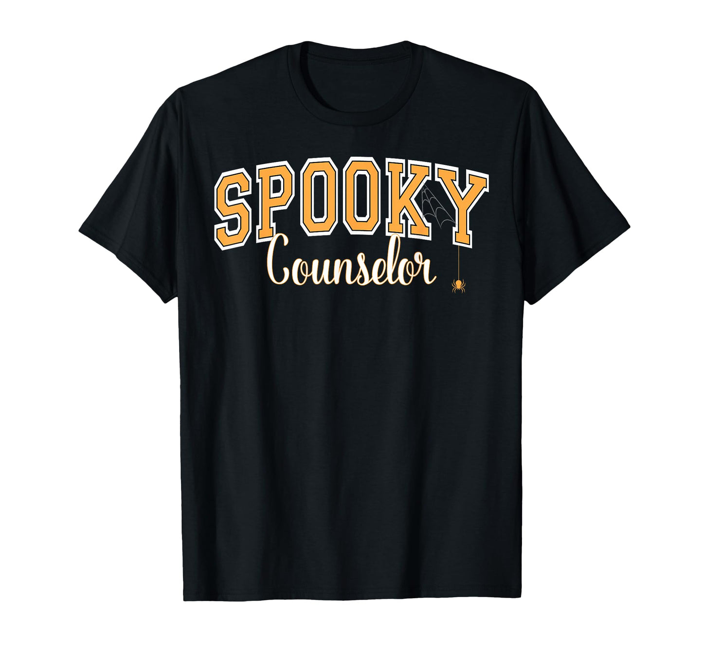 Spooky Counselor Halloween Spider Varsity Orange Letters T-Shirt