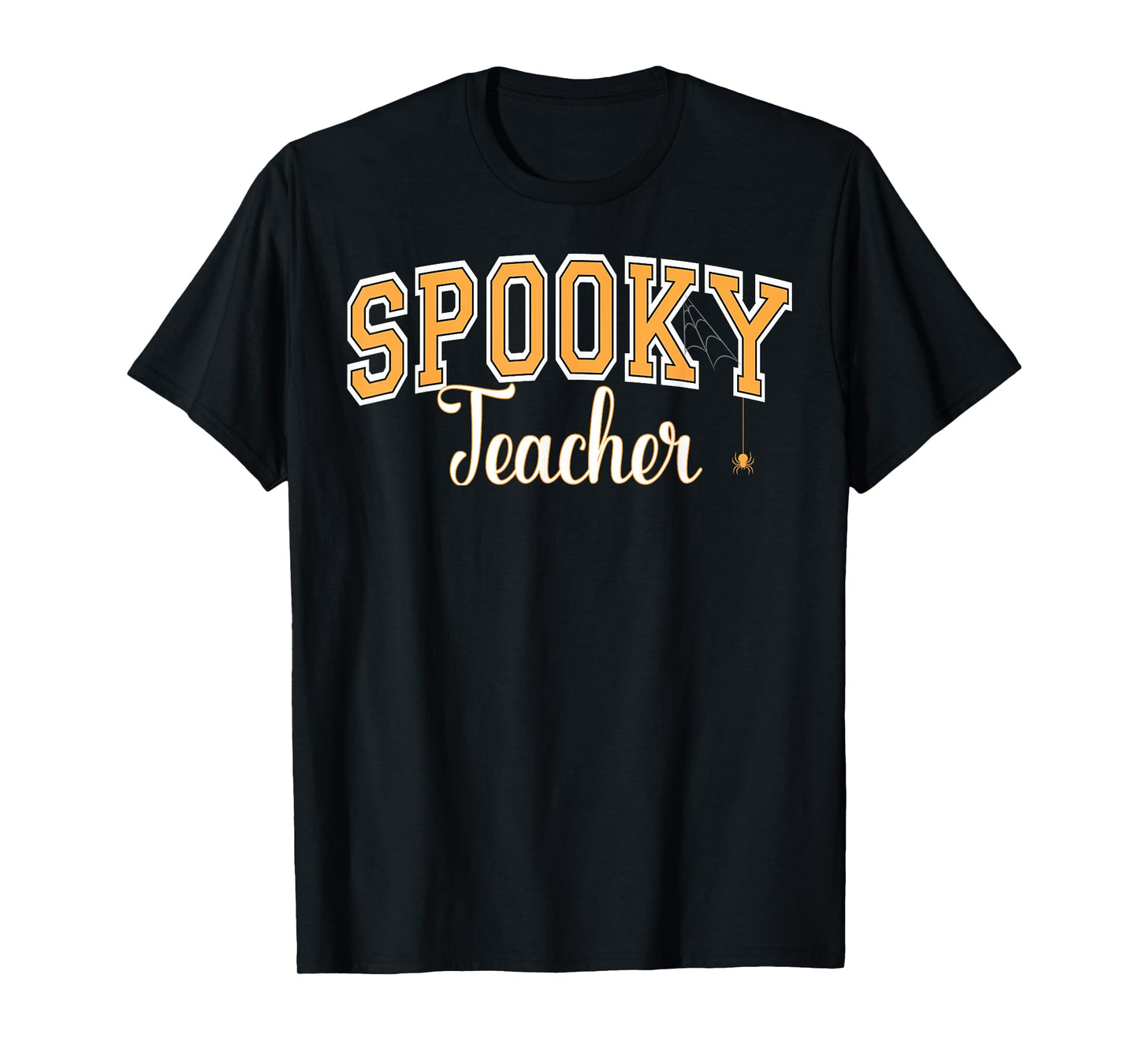 Spooky Teacher Halloween Spider Varsity Orange Letters T-Shirt