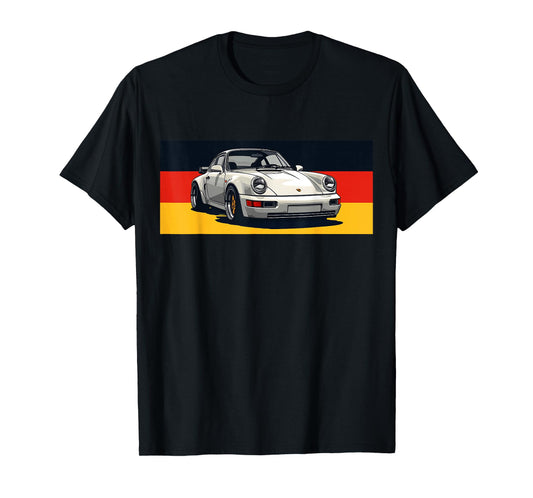 911 Retro Vintage 964 Turbo Car Classic German Flag Track T-Shirt - Black, Small, Unisex-Adults, Short Sleeve, T-Shirt, Car-Themed