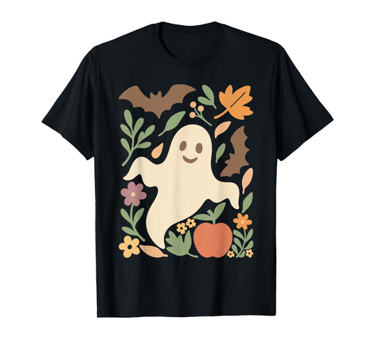 Cute Halloween Ghost All Leaves Bat Apple and Flowers Retro T-Shirt