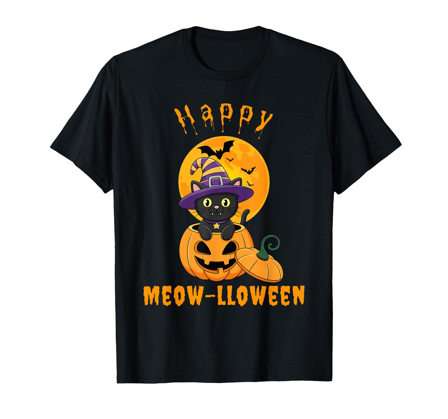 Happy Meow-lloween Cat Halloween Pumpkin Witch Hat Design T-Shirt