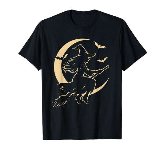 Halloween Witch on Broom Moon Silhouette Spooky Samhain Art T-Shirt