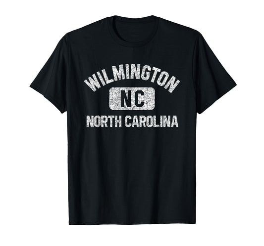 Wilmington North Carolina Gym Style Distressed White Print T-Shirt