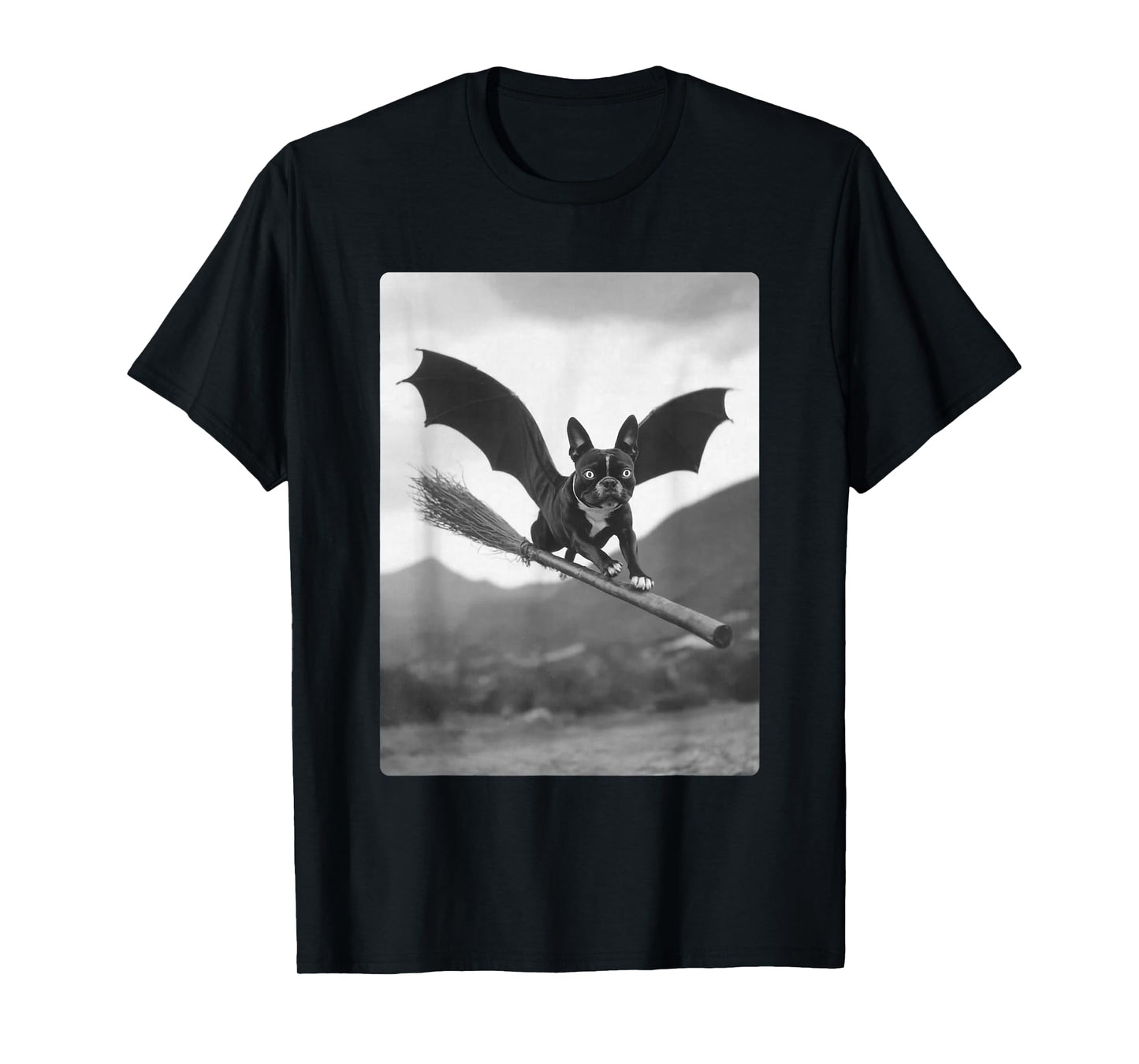 Boston Terrier Witch Broom Bat Wings Spooky Halloween Dog T-Shirt