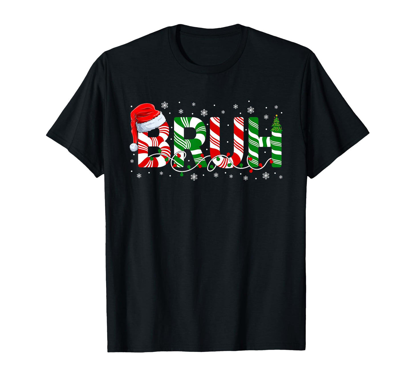 Bruh Funny Christmas Red Green Santa Hat Lights Xmas Pajamas T-Shirt