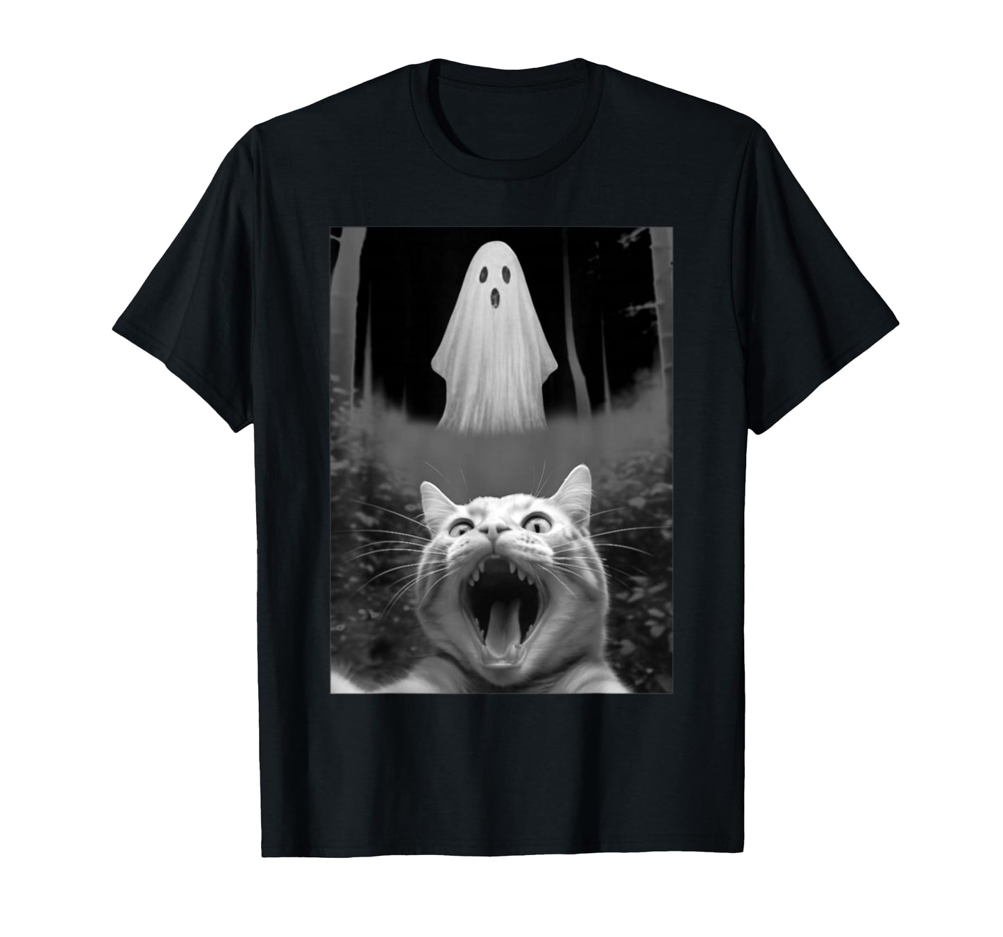Funny Cat Selfie with Cute Boo Halloween Forest Men Women T-Shirt